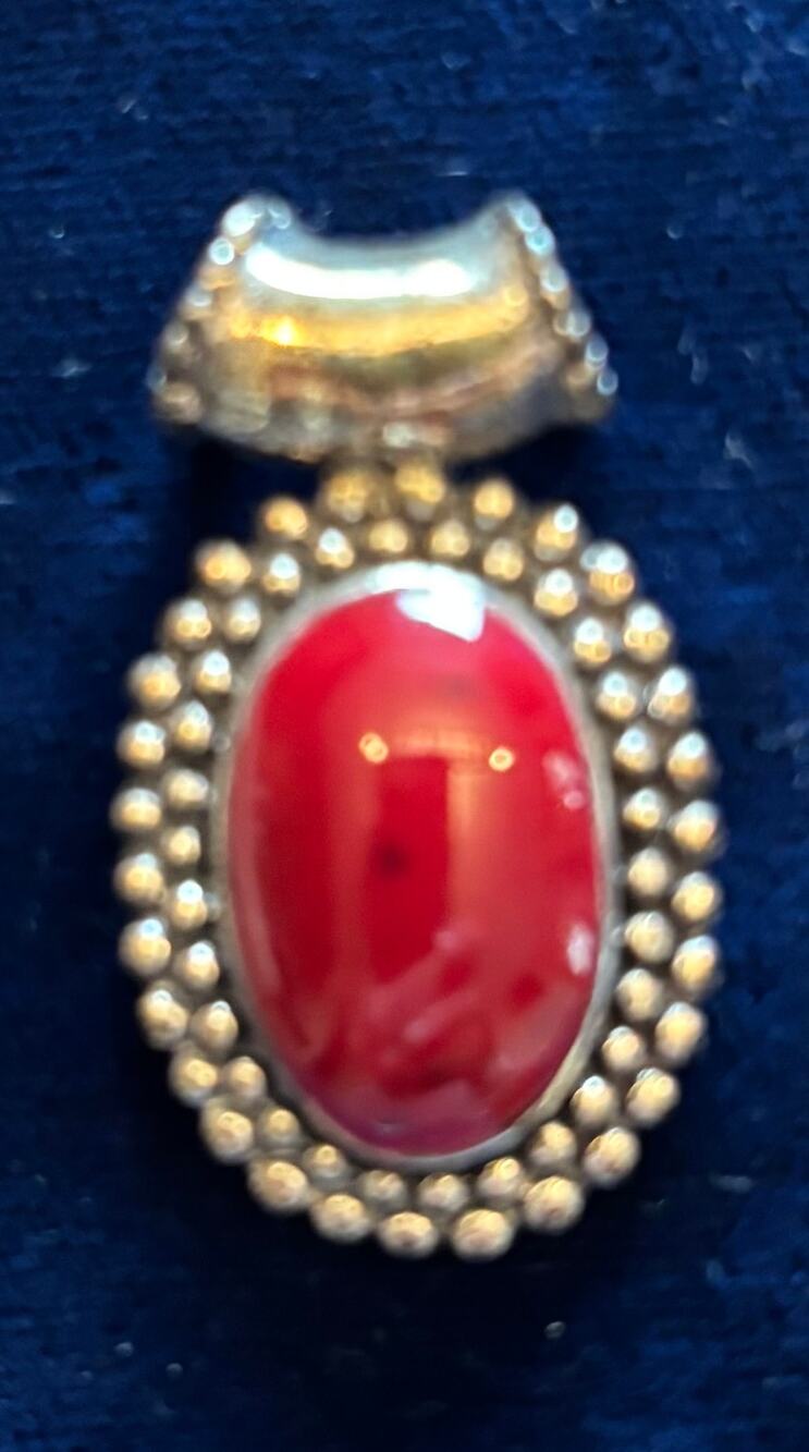 Vintage Sterling Silver Red Cabochon Textured Beaded Border Slide Pendant 8g